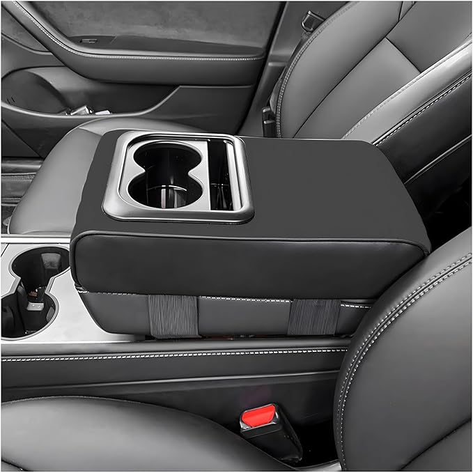 Center Console Armrest Pillow, 14.0"×8.3" Soft Leather Waterproof Armrest Cushion with Cup Holder, Comfy Memory Foam Auto Arm Rest Pad with Storage Bag, Car Accessories (Glossy)
