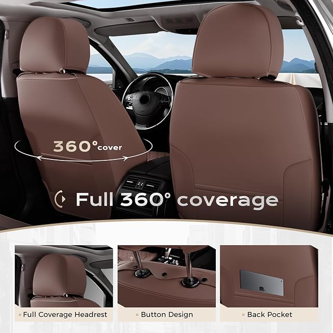 Coverado Full Set Car Seat Covers, Brown Leather Seat Protectors for Cars, Waterproof Luxury Front & Back Car Seat Covers, Universal Fit for Most Cars-Brown