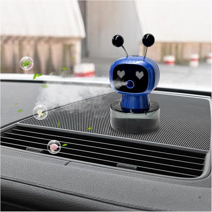 Smart Cute Robot Car Air Freshener, Fine Spray Car Aromatherapy Machine with Four-Gear Adjustment, Auto On/Off Mini Robot Fillable Essential Oil Diffuser for Vehicle Home Office (Ocean)