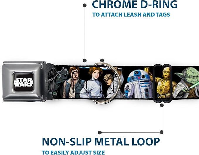Star Wars Pet Collar, Dog Collar Metal Seatbelt Buckle, Star Wars Classic Character Poses Black, 13 to 17 Inches 1.5 Inch Wide