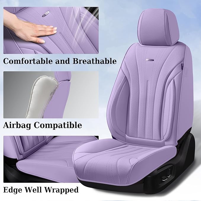 Coverado Seat Covers Full Set, Waterproof Car Seat Covers, Leather Seat Cover for Cars, Front and Back Car Seat Protector, Universal Car Seat Cushions Automotive Accessories Fit for Most Cars, Purple
