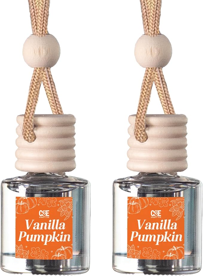 C&E Craft Co Hanging Car Air Freshener Diffuser 2 Pack, Long Lasting Fragrance Oil Car Freshener, Glass Bottle Auto Air Freshener, Made in USA (Vanilla Pumpkin)