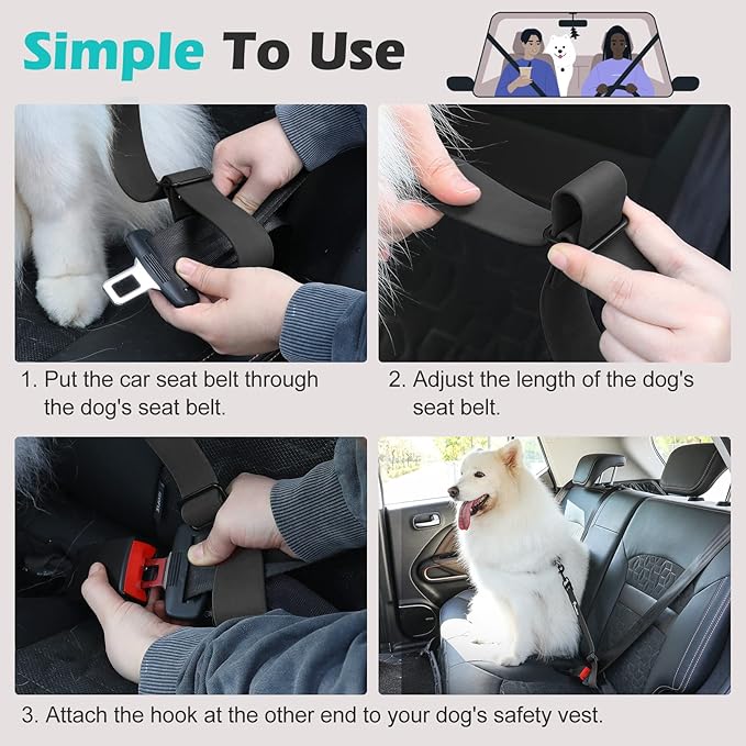 Pawaboo Dog Car Seatbelt, 20 in Adjustable Universal Pet Safety Belt, Chew-Proof Dogs Car Restraint with Adjustable Strap, PVC Shell Dog Seatbelt Harness, Dogs Leash with 360° Hook, Black