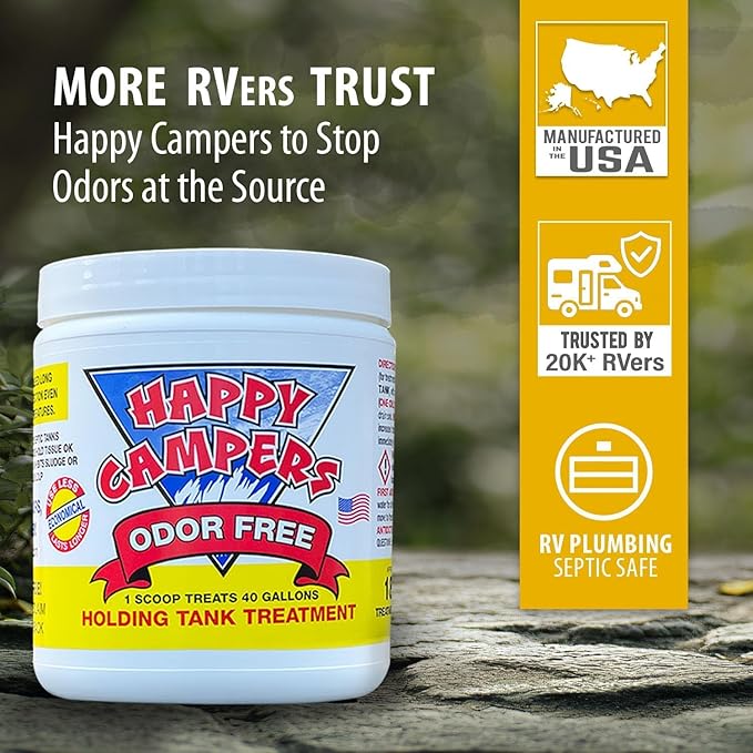 Happy Campers RV Toilet Treatment - Powerful Odor Control, Long-Lasting RV Tank Treatment - Prevents Clogs, Buildup, Sensor Failure - Keeps Holding Tank Clean & Healthy, Odor Free (18 Treatments)
