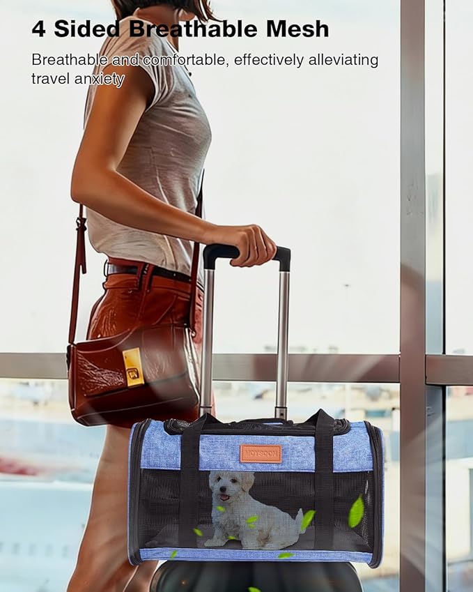 Pet Carrier Airline Approved 17x11x9.5 in - Underseat, Top & Side Entry Soft Dog Cat Travel Carrier with Safety Zippers ＆ Anti-Scratch Mesh for Small Cat and Dog for Pets Up to 10 Lb - Blue