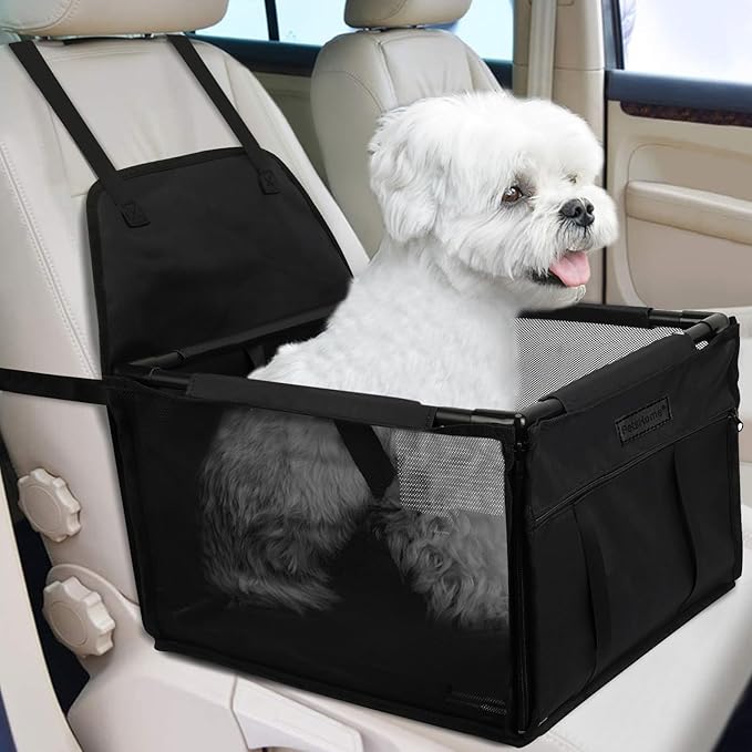 PetsHome Dog Car Seat Foldable Dog Car Booster Seat Waterproof Breathable Oxford Travel Bag for Small to Medium Dogs, Puppies, and Pets-Pure Black-Upgrade