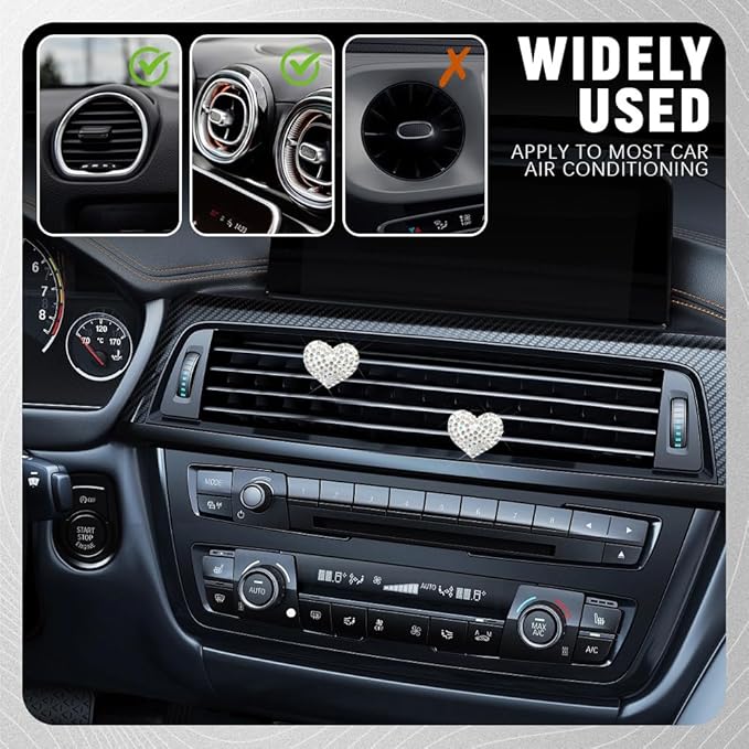2PCS Bling Heart Air Vent Clips, Heart Shaped Crystal Air Freshener Vent Clips, Rhinestone Air Conditioning Outlet Clip, Universal Interior Decor Car Accessories for Women Girl (White)