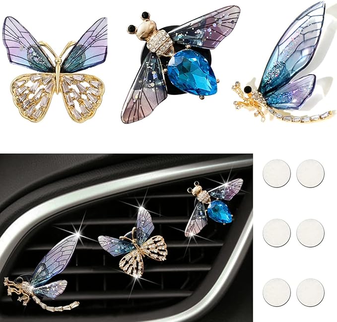 Bee Butterfly Dragonfly Car Aromatherapy Diffusers - 3 Pcs Air Fresheners Vent Clips for Car Decoration & Interior Decor (Blue)