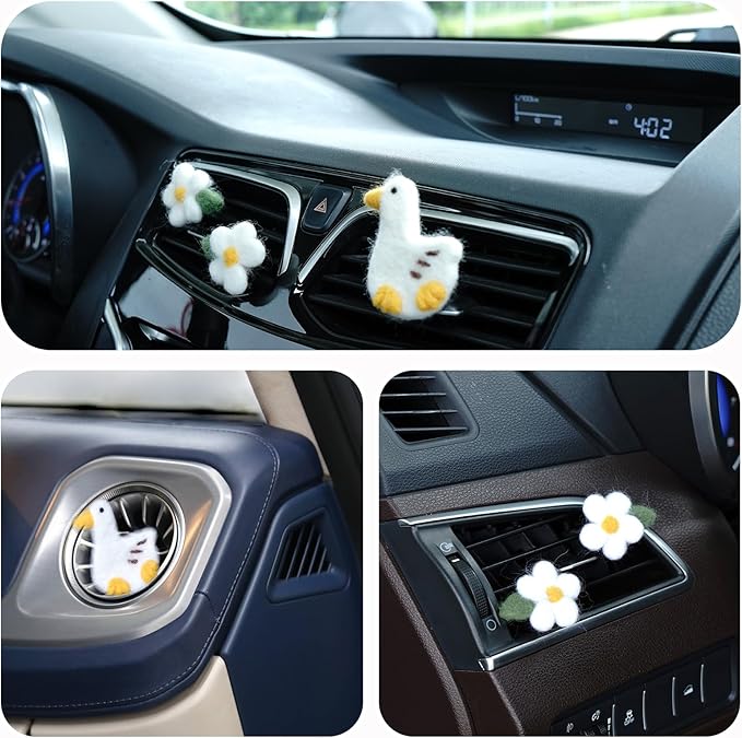 Wonhibo Duck & Floral Felt Vent Clips (3 Pack) - Refillable Car Air Freshener Decor with Cute Stuffed Designs