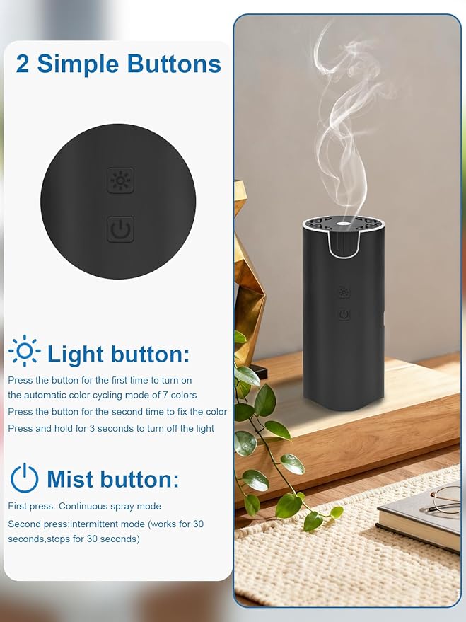 100ML Car Diffuser, USB Rechargeable Battery Operated, Cordless Portable Essential Oil Diffuser with 7 LED Color Lights, 2 Timer Modes