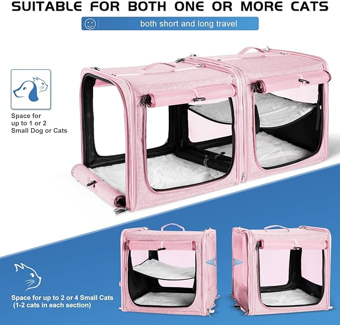 Suertree Large Cat Carrier for 2 Cats with Zipper Locks, Double Cat Carrier with Travel Litter Box, Soft Pet Travel Carrier for Cats and Small Dogs Up to 45 Lbs, Pink