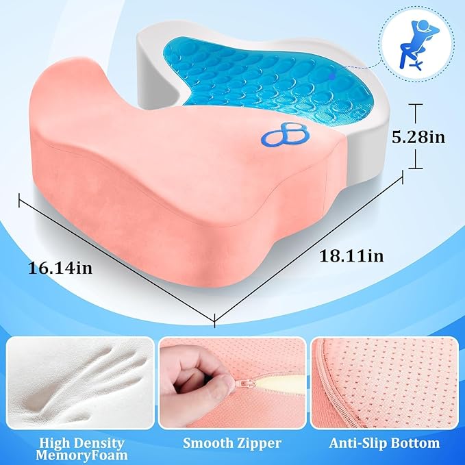 Seat Cushion, Chair Cushions, Office Chair Cushions, Anti-Slip Bottom & Removable Cover Tailbone Pain Relief Cushion, Memory Foam Seat Cushion, 5.28 in Thick (Pink)
