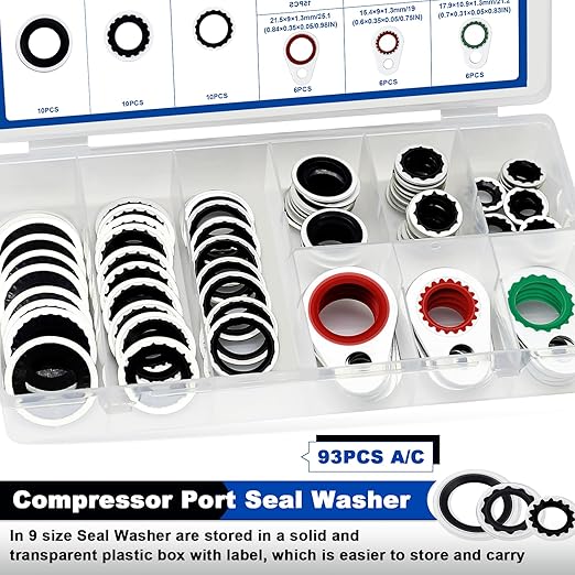 93PCS A/C Compressor Seal Washers Assortment Kit, 9 Sizes Air Conditioning System Compressor Port O-Rings, Replace Universal Automotive Self-Centered Bonded Sealing Washers (ID: 8mm-17.5mm)