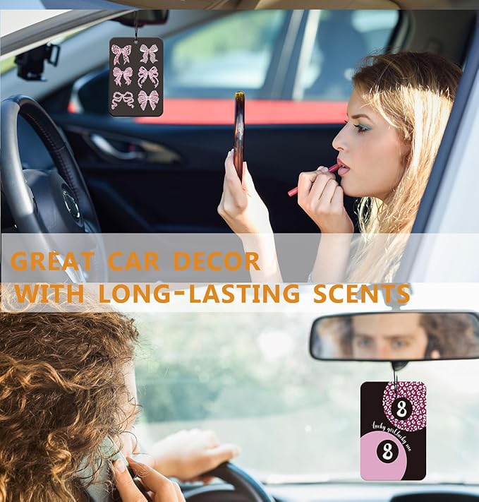 Retro Pink Leopard Car Air Freshener 4Pcs, Pink Black Cheetah Print Car Accessories Interior, Lucky 8 Ball Bows Girly Mirror Decor Hanging, Coquette Bows Air Freshener for Women Cars (Vanilla)