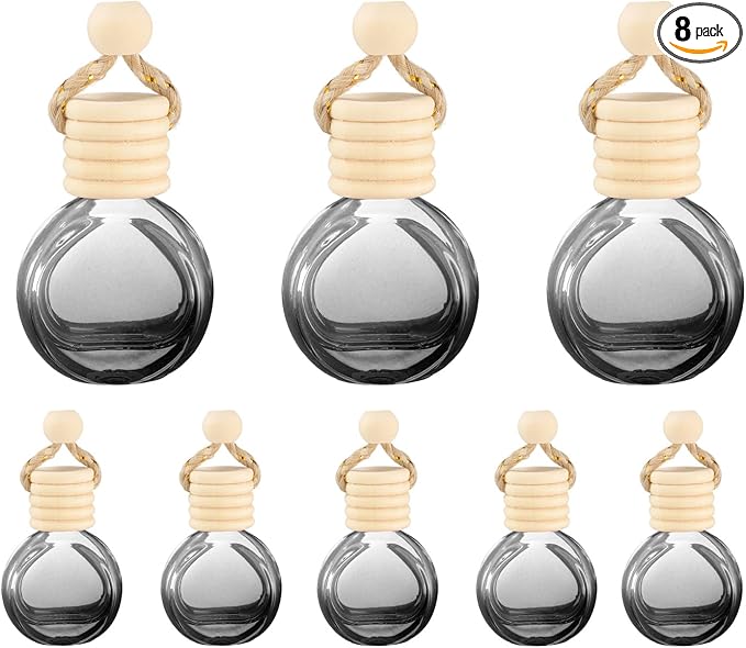 uxcell 8pcs Hanging Car Air Freshener Perfume Bottle, 10ml Pendant Empty Clear/Black Glass Essential Oil Aromatherapy Diffuser with Wooden Cap for Car Decor (Clear/Black, Round)