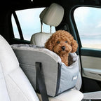 Pet Car Center Console Elevated Armrest Car Seat for Small Puppy, Dogs & Cats (Up to 10 lbs) – Dark Gray Washable Plush Carrier with Safety Leash, Fits Front Vehicle Console Space (Grey)