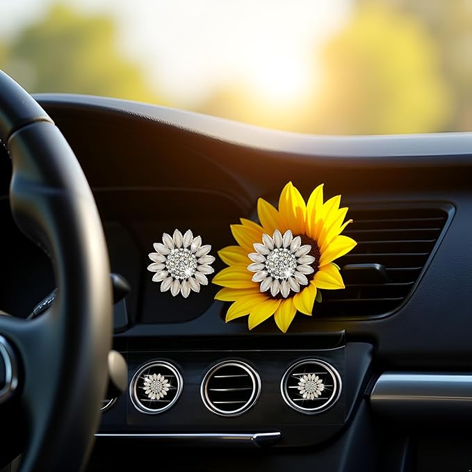 Sunflower Air Vent Clips Car Accessories Bling Sunflower Air Freshener Outlet Clips for Women Car Interior Decorations Cute Flowers Cars Clips Air Fresheners Interior Accessories (2, Beige)
