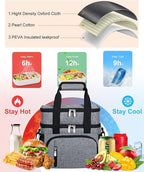 Insulated Lunch Bag for Men & Women, Double Leakproof Lunch Box Soft Cooler Tote with 5 Pockets, 600D Oxford, EVA Lining, Adjustable Strap for Work, Picnic, Beach&Travel-Grey