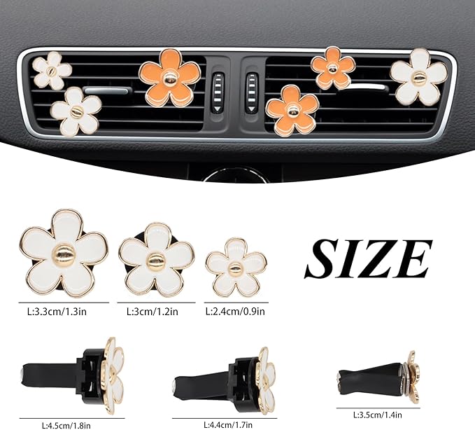 6pcs Daisy Flower Air Vent Clips Car Air Fresheners White Orange Cute Daisy Car Decor Girly Car Accessories for Women Sparkle 3.3cm/3cm/2.5cm Flower Car Vent Clips Refillable Car Diffuser