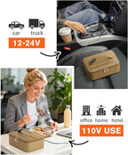 Portable Food Warmer - Heated Lunch Box for Adluts - Electric Thermal Lunch Bag with Buckle Handle, Heating Food Warmer Bags for 12V/24V Car & Truck, 110V/220V Home/Office, Khaki