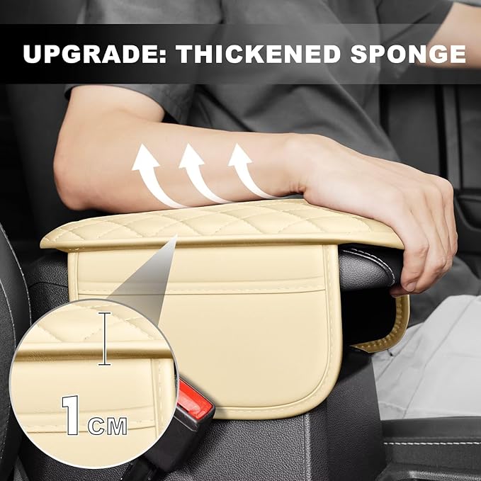 Upgraded Car Center Console Cover Fit for Tacoma Faux Leather Car Armrest Cover Cushion with 2 Storage Bags,Car Armrest Storage Box Interior Accessories(Beige&Whiteline)