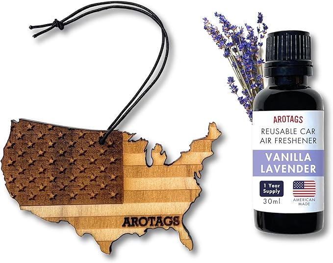 Arotags Reusable Wood Car Air Freshener, Vanilla Lavender Scent, USA Flag Design, Hanging Diffuser with Fragrance Oil Refill