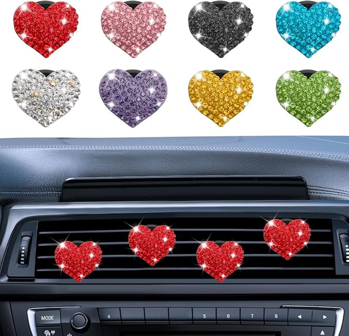 4PCS Heart-Shaped Car Vent Clip with Rhinestone, Vent Clip Car Accessories, Sparkly Rhinestone Bling Diamond Freshener Holder, Air Conditioning Outlet Ornament for Women Girls (Red, Style1)