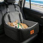 Small Dog Car Seat for Small Dogs Under 30 lbs, Memory Foam Pet Car Seat with Washable Cover, Safety Belts & Side Storage Pockets, Portable Travel Bed for SUV/Sedan (Black/Grey)