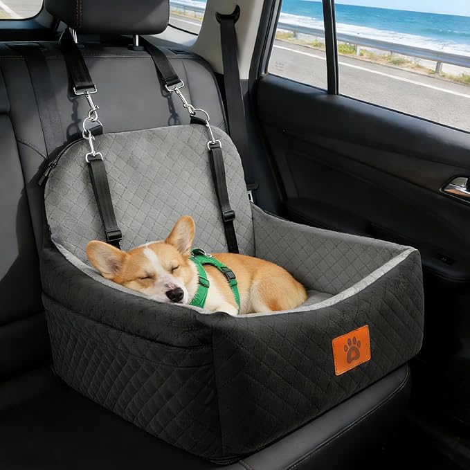 Small Dog Car Seat for Small Dogs Under 30 lbs, Memory Foam Pet Car Seat with Washable Cover, Safety Belts & Side Storage Pockets, Portable Travel Bed for SUV/Sedan (Grey)