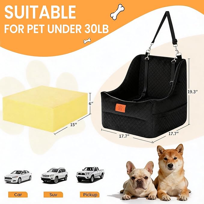 Dog Car Seat for Medium Dogs – Premium Pet Booster Seat with Two Pet Safety Belts, Detachable Washable Cover Non-Slip Base, Portable Dog Travel Seat for Road Trips & Daily Errands Up to 35lbs