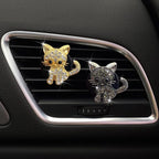 Cute Diamond Cat Air Vent Clip Air Conditioning Outlet Clip Car Air Freshener Clip Charm Car Inter Decor Accessories (Gold)