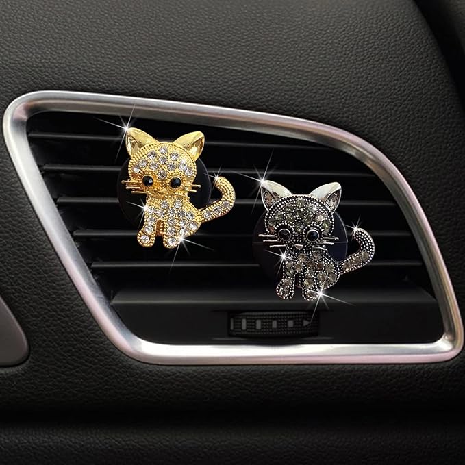 Cute Diamond Cat Air Vent Clip Air Conditioning Outlet Clip Car Air Freshener Clip Charm Car Inter Decor Accessories (Grey)