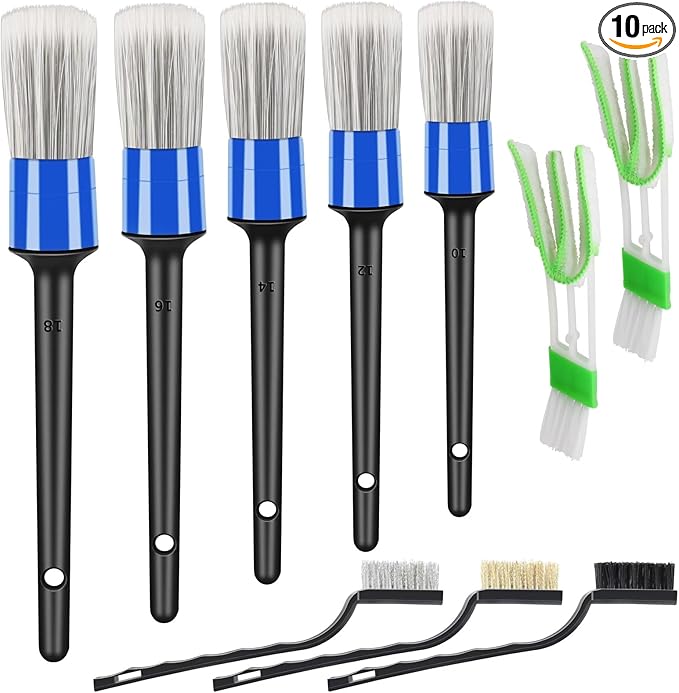 10pcs Car Detailing Kit, Premium Detailing Brush Set Includes 5 Soft Car Detailing Brushes, 3 Wire Brush, 2 Air Vent Brush for Cleaning Car Interior and Exterior Detailing, Blue