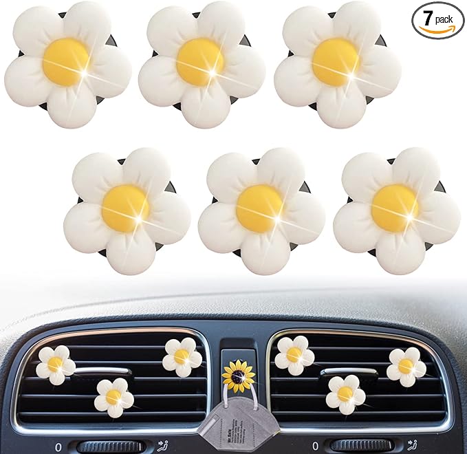 Cute Daisy Air Vent Clips, 6 Pcs Flower Car Air Fresheners Vent Clips Car Diffuser Vent Clip Charm Decoration for Women Cute Interior Decor Accessories + Sunflower Mask Hook (White)