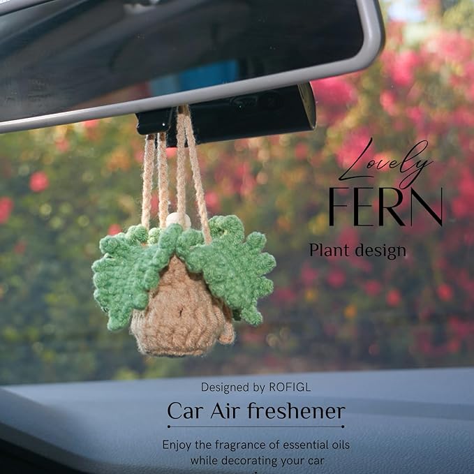 Handmade Crochet Car Air Freshener - Adorable Bendable Fern Plant with 8ml Empty Refillable Oil Diffuser Bottle, Suitable for Car Rearview Mirror Hanging, Home & Office Decor