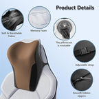 BABUR Car Headrest Pillow | Ergonomic Memory Foam Neck Shoulder Support Pillow with Adjustable Design & Enlarged Surface | Pain Relief for Driving Travel Sleeping | Brown 1 Pack