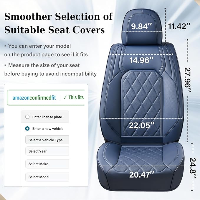Coverado Car Seat Covers, Front Seat Cover, 2 Pack Luxury Faux Leather Seat Covers for Cars, Waterproof Car Seat Protector, Blue Car Seat Cover, Universal Car Seat Protectors Fit for Most Cars