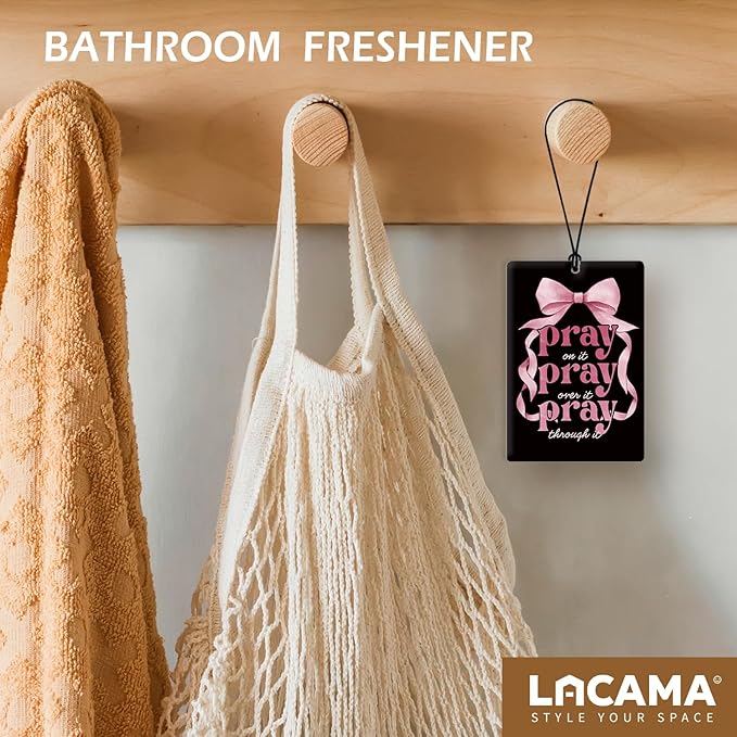 Lacama Christian Car Air Freshener 3Pcs，Coquette Pink and Black Bow Christian Bible Verse Cars Scents Air Freshener for Women Girls Gifts, Religious Car Accessories Interior Mirror Decor Hanging