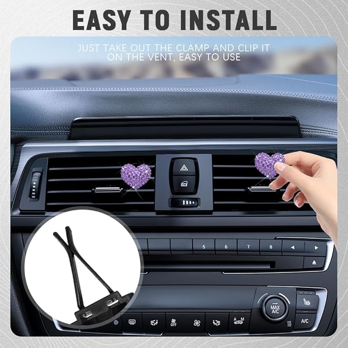 2PCS Bling Heart Air Vent Clips, Heart Shaped Crystal Air Freshener Vent Clips, Rhinestone Air Conditioning Outlet Clip, Universal Interior Decor Car Accessories for Women Girl (Purple)