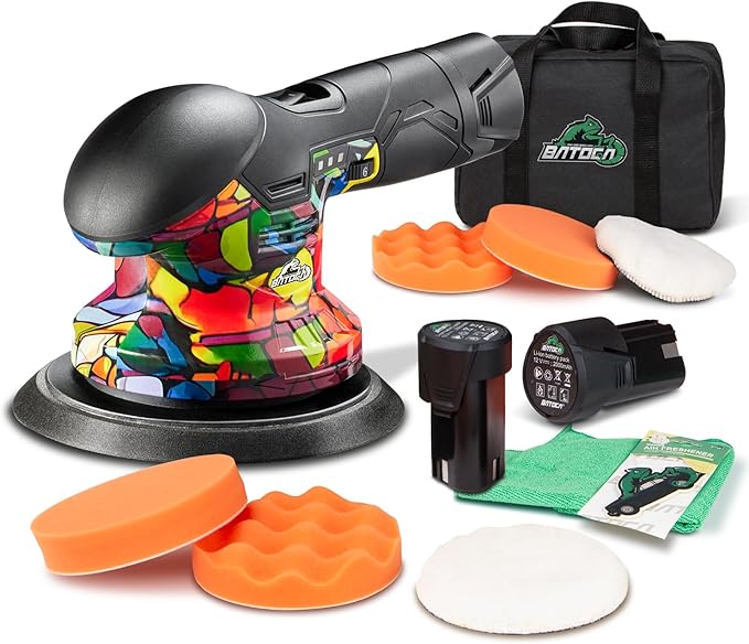 BATOCA 2026 S3 Cordless Car Buffer Polisher, 2pcs 2.0Ah 12V Lithium-ion Battery Powered Polisher with 6 Variable Speed, DA Orbital Buffer for Car Detailing, Polishing, Waxing, Camouflage Pattern Style