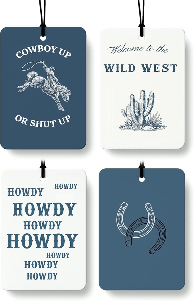 Navy Blue Western Cologne Car Air Freshener 4 Pcs, Retro Cowboy Riding Horse Cactus Hanging Air Freshener for Cars Bathroom Dorm Books Decor, Western Accessories Gifts for Women Men