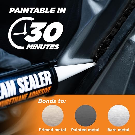 [Black] Professional Automotive Seam Sealer, Paintable Quick-Set Polyurethane Auto Body Seam Sealer for Metal Surfaces of Cars, Trucks, Etc, Includes Gloves & Tip - Black RV Roof Sealant