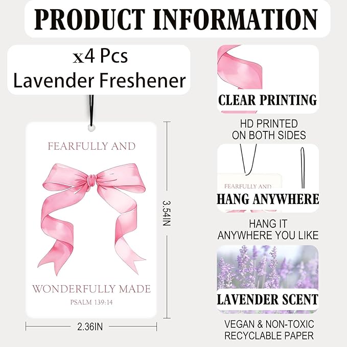 Coquette Pink Bow Christian Lavender Car Air Freshener 4 Pcs, Cute Girly Bible Verse Air Freshener Hanging Decor for Cars Closet Drawer Books, Christian Areadeodorizer Gifts for Women Girls