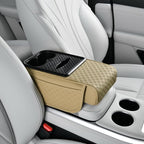 Car Center Console Armrest Pad, Arm Rest Box Cushion with Ergonomic Height Boost, Storage Pockets, Built-in Tissue Box, Cupholder, Fit for Most Sedan Vehicles (Embossing Checkerboard, Beige)