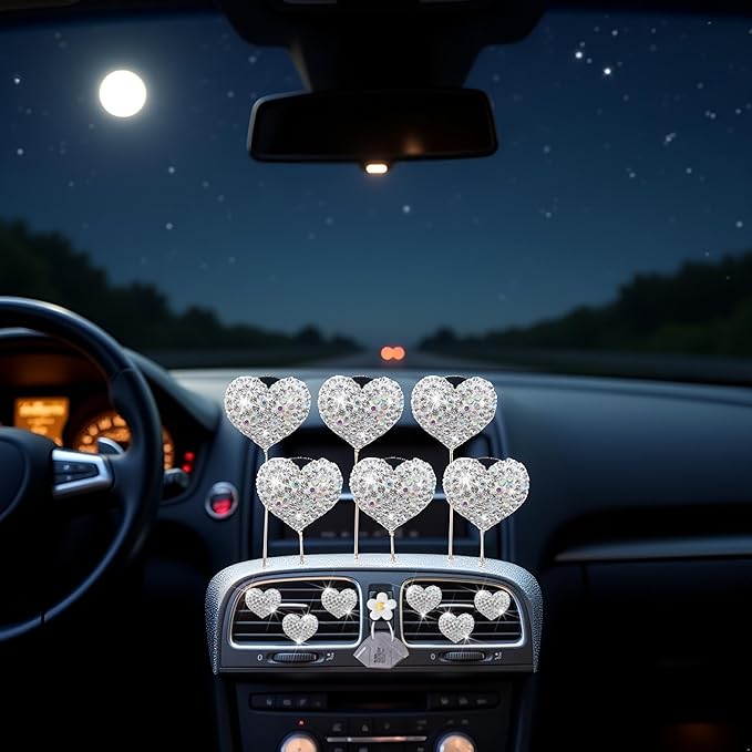 Bling Heart Air Vent Clips, 6 Pcs Silver Heart Cars Air Fresheners Vent Clips Car Diffuser Vent Clip Diamond Car Decoration Cars Interior Decor Cute Car Accessories for Women Girls + Flower Mask Hook