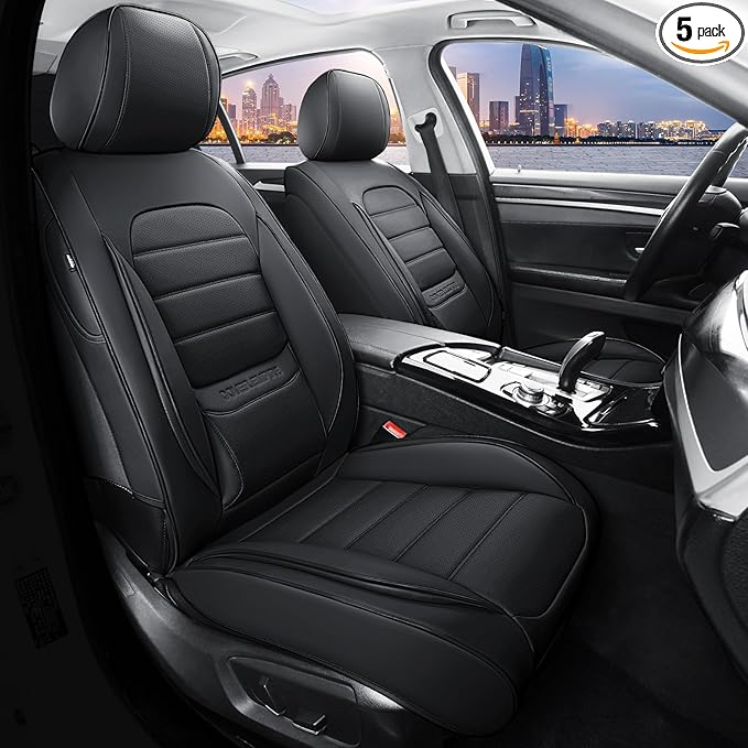 Car Seat Covers Full Set, 5Pcs Universal Leather Seat Covers for Cars, Waterproof Front and Rear Seat Covers Breathable Automotive Vehicle Seat Cover for Most Trucks, SUVs, Sedans, Black