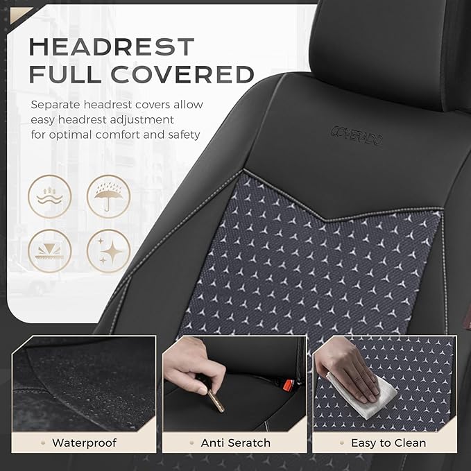 Coverado Front Seat Covers, Breathable Mesh & Leather Car Seat Protectors, Black Driver Seat Cover, Car Seat Cushions, Universal Automotive Seat Covers Fit for Most Sedans SUV Truck, Black