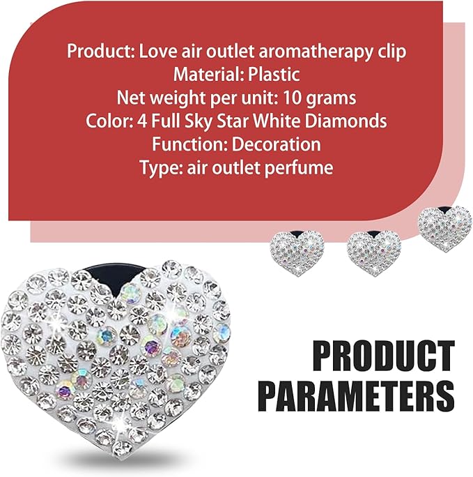4PCS Bling Heart Air Vent Clips, Car Air Fresheners Vents Clips, Crystal Rhinestone Air Conditioning Outlet Clip, Cute Car Accessories for Women (White)