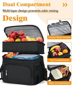 Insulated Lunch Bag for Men & Women, Double Leakproof Lunch Box Soft Cooler Tote with 5 Pockets, 600D Oxford, EVA Lining, Adjustable Strap for Work, Picnic, Beach&Travel-Black