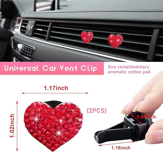 Ziciner 2PCS Bling Heart Car Air Vent Clips Charms, Heart Shaped Crystal Car Air Freshener Vent Clips, Rhinestone Air Conditioning Outlet Clip, Vehicle Decor Accessories for Women Girls (Red)